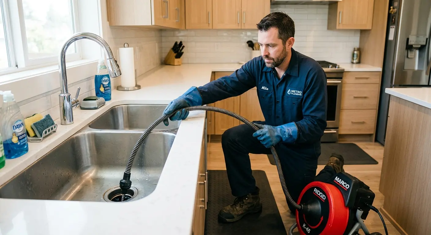 Drain cleaning technician using a motorized snake on a kitchen sink in Beachwood