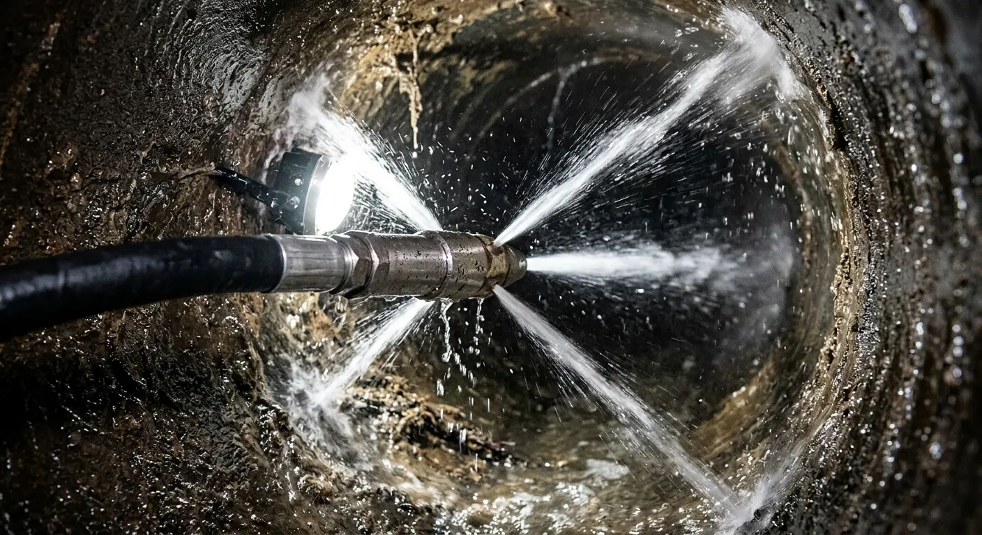 High-pressure hydro jetting nozzle cleaning sewer pipe for Emergency Drain Service in Beachwood