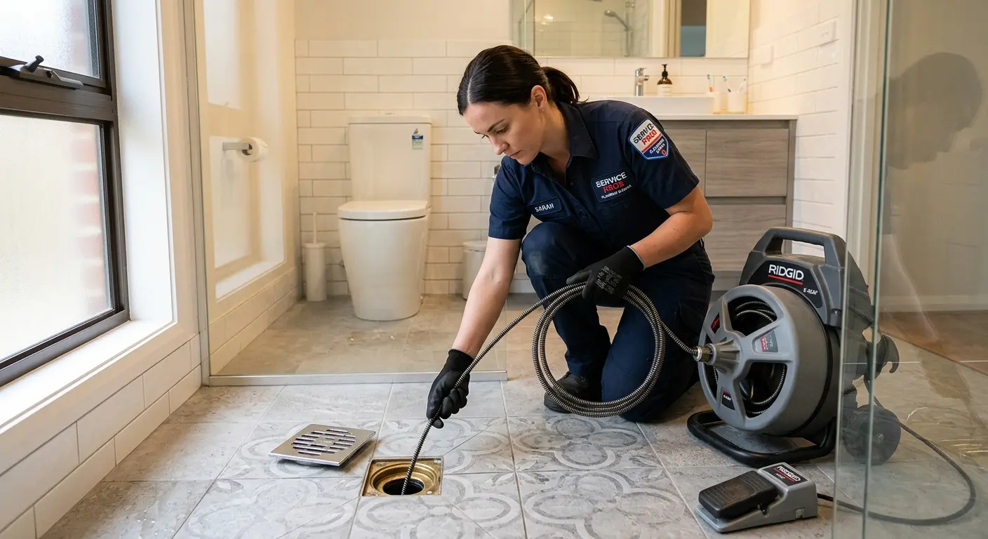 Technician clearing a bathroom floor drain for Drain Repair in Beachwood